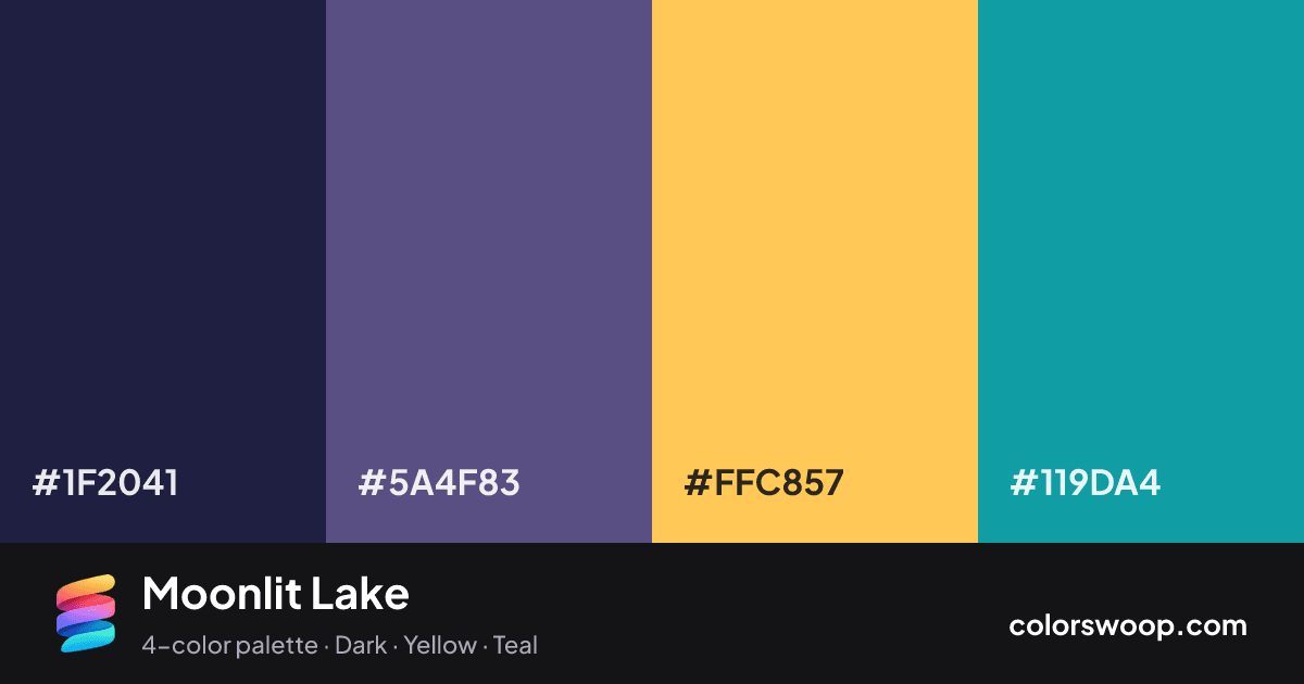 Moonlit Lake color palette card: Space #1F2041, Dusk #5A4F83, Saffron #FFC857, Cadet #119DA4