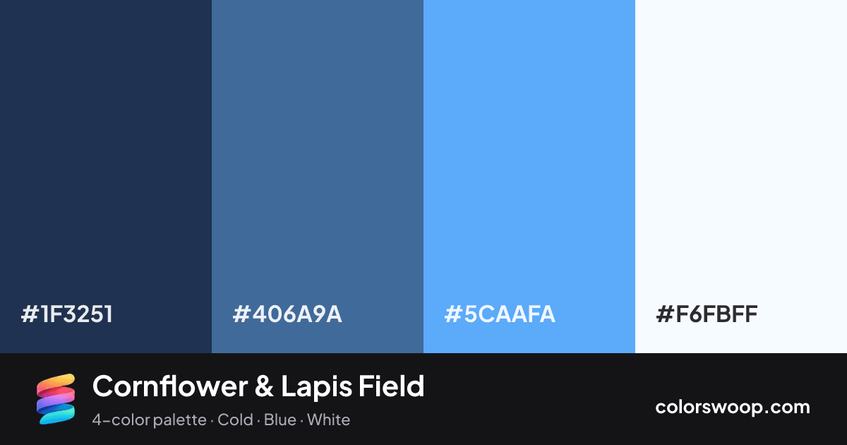 Cornflower & Lapis Field color palette card: Prussian Blue #1F3251, Lapis #406A9A, Cornflower #5CAAFA, Snow #F6FBFF