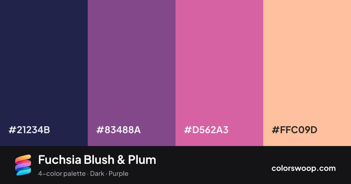 Fuchsia Blush & Plum color palette card: Space #21234B, Plum #83488A, Blush #D562A3, Melon #FFC09D