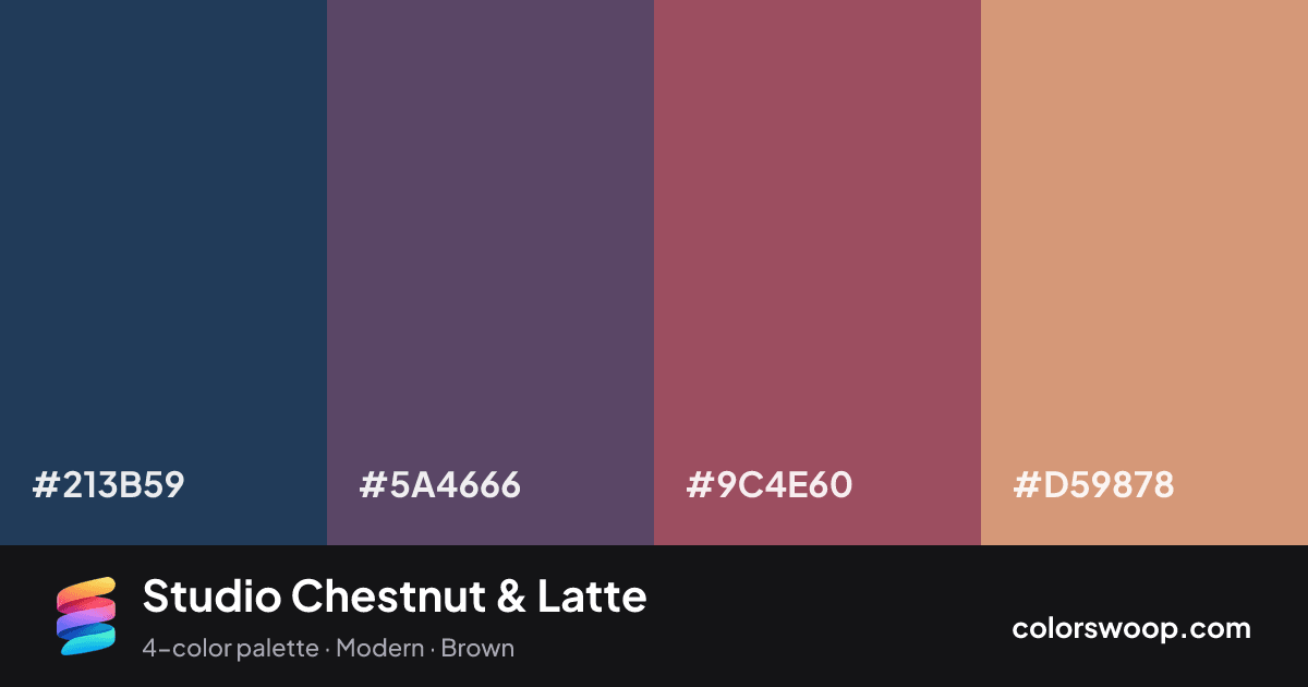 Studio Chestnut & Latte color palette card: Prussian Blue #213B59, Eggplant #5A4666, Chestnut #9C4E60, Latte #D59878