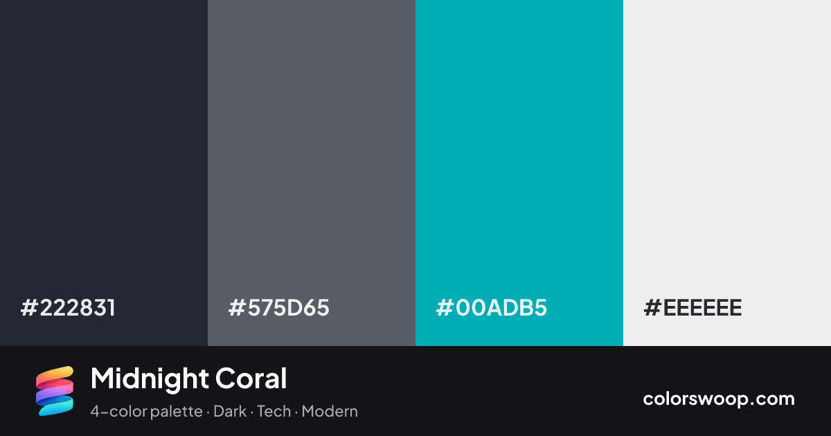 Midnight Coral color palette card: Raisin #222831, Storm #575D65, Cadet #00ADB5, Frost #EEEEEE