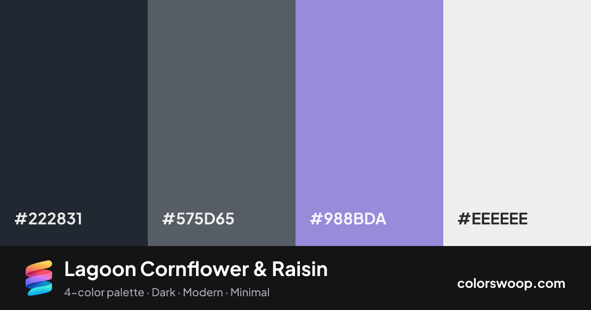 Lagoon Cornflower & Raisin color palette card: Raisin #222831, Storm #575D65, Cornflower #988BDA, Frost #EEEEEE