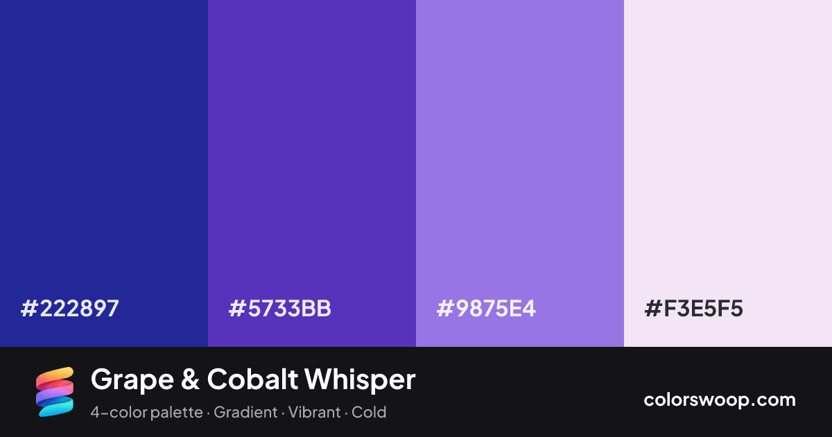 Grape & Cobalt Whisper color palette card: Cobalt #222897, Grape #5733BB, Amethyst #9875E4, Lavender #F3E5F5
