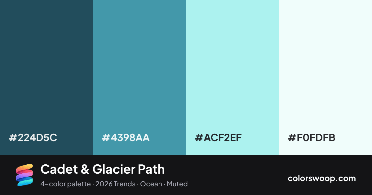 Cadet & Glacier Path color palette card: Charcoal #224D5C, Cadet #4398AA, Glacier #ACF2EF, Smoke #F0FDFB