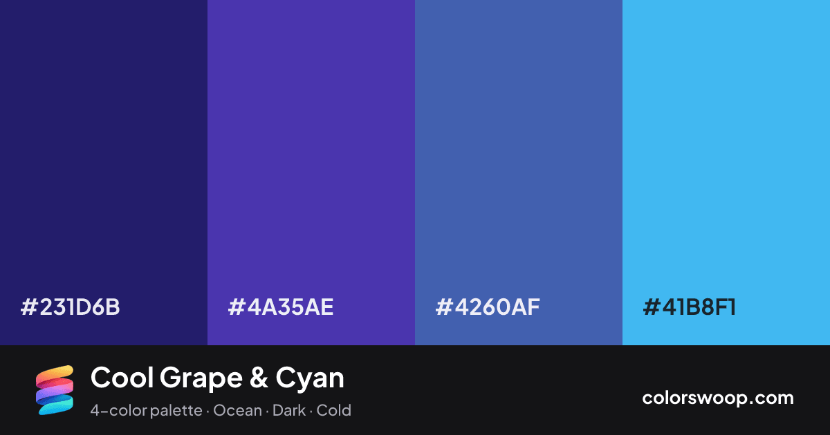 Cool Grape & Cyan color palette card: Midnight #231D6B, Grape #4A35AE, Denim #4260AF, Cyan #41B8F1