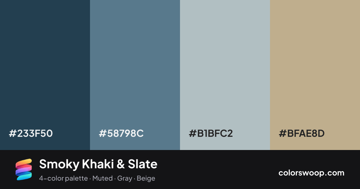 Smoky Khaki & Slate color palette card: Charcoal #233F50, Slate #58798C, Ash #B1BFC2, Khaki #BFAE8D