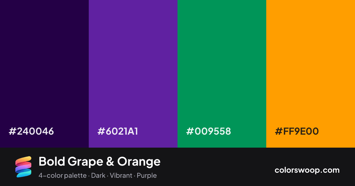 Bold Grape & Orange color palette card: Ink #240046, Grape #6021A1, Basil #009558, Orange #FF9E00