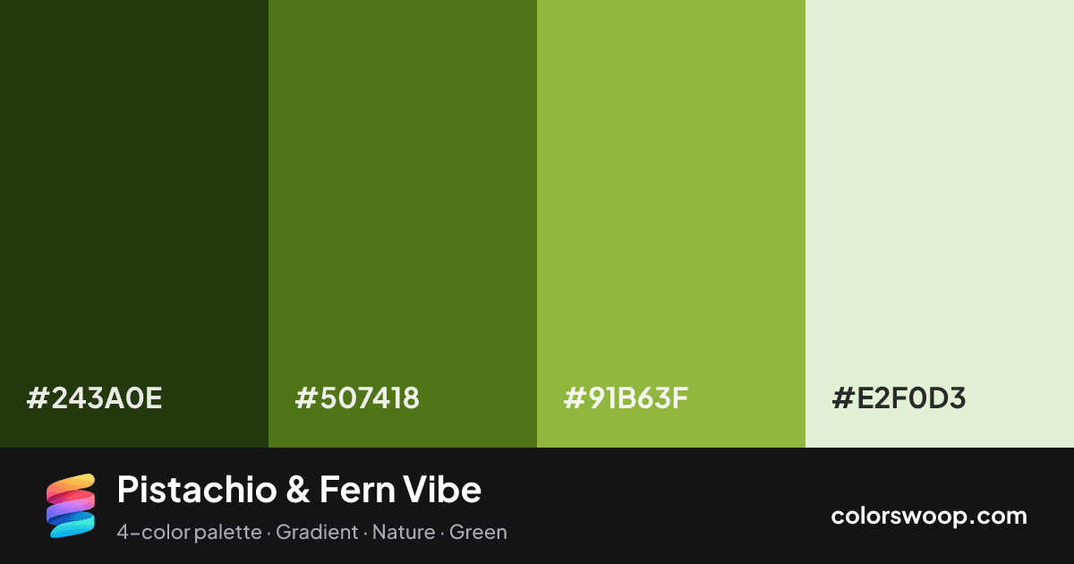 Pistachio & Fern Vibe color palette card: Evergreen #243A0E, Fern #507418, Pistachio #91B63F, Eggshell #E2F0D3