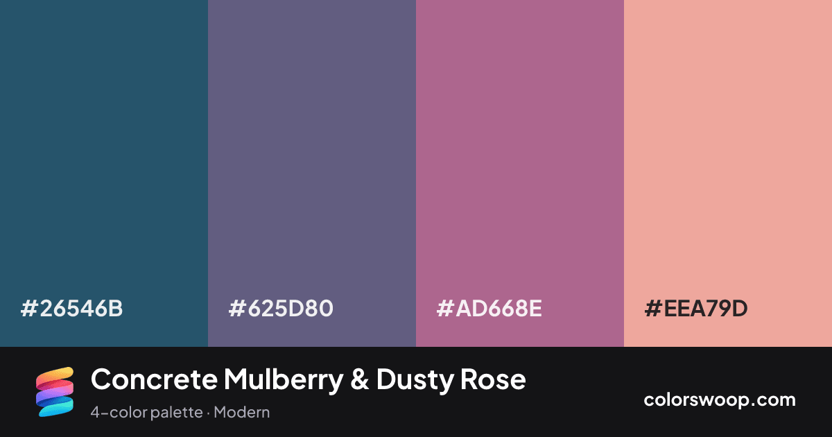 Concrete Mulberry & Dusty Rose color palette card: Peacock #26546B, Dusk #625D80, Mulberry #AD668E, Dusty Rose #EEA79D