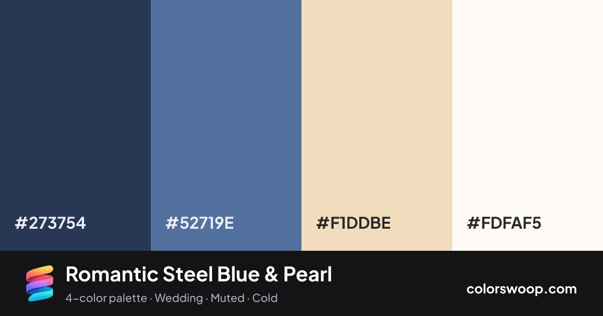 Romantic Steel Blue & Pearl color palette card: Prussian Blue #273754, Steel Blue #52719E, Pearl #F1DDBE, Snow #FDFAF5