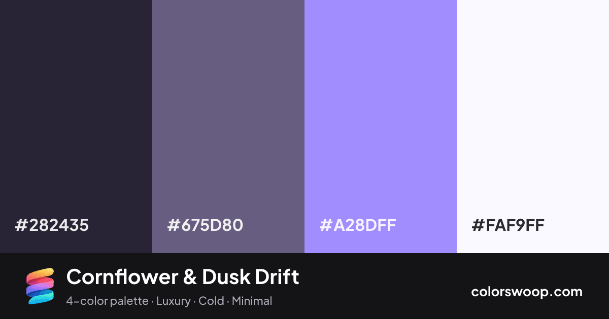 Cornflower & Dusk Drift color palette card: Raisin #282435, Dusk #675D80, Cornflower #A28DFF, Snow #FAF9FF
