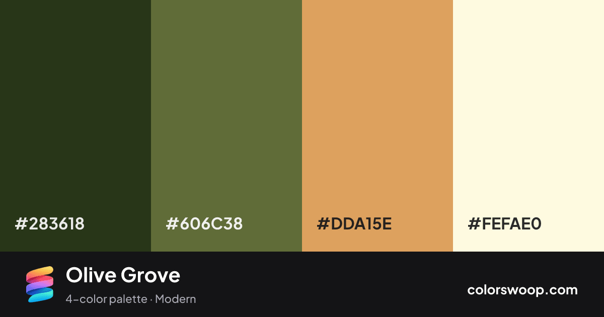 Olive Grove color palette card: Jet #283618, Fern #606C38, Latte #DDA15E, Buttercream #FEFAE0