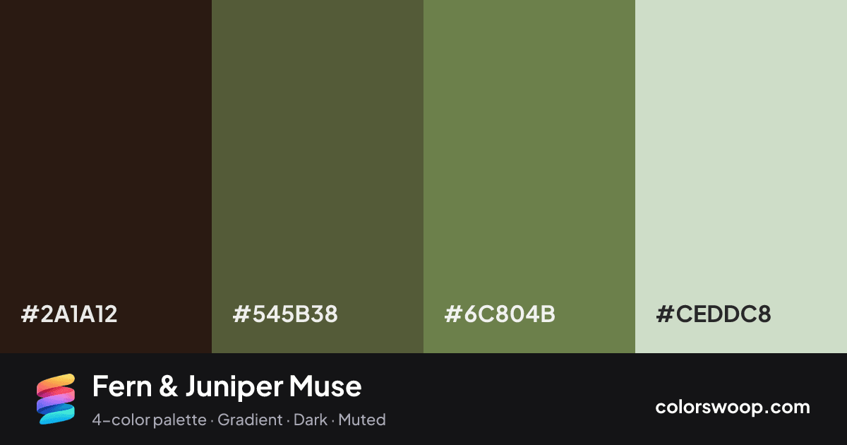 Fern & Juniper Muse color palette card: Raisin #2A1A12, Juniper #545B38, Fern #6C804B, Bone #CEDDC8
