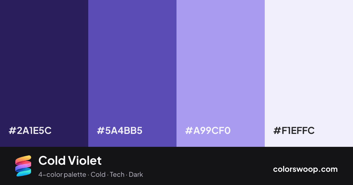 Cold Violet color palette card: Space #2A1E5C, Iris #5A4BB5, Wisteria #A99CF0, Frost #F1EFFC