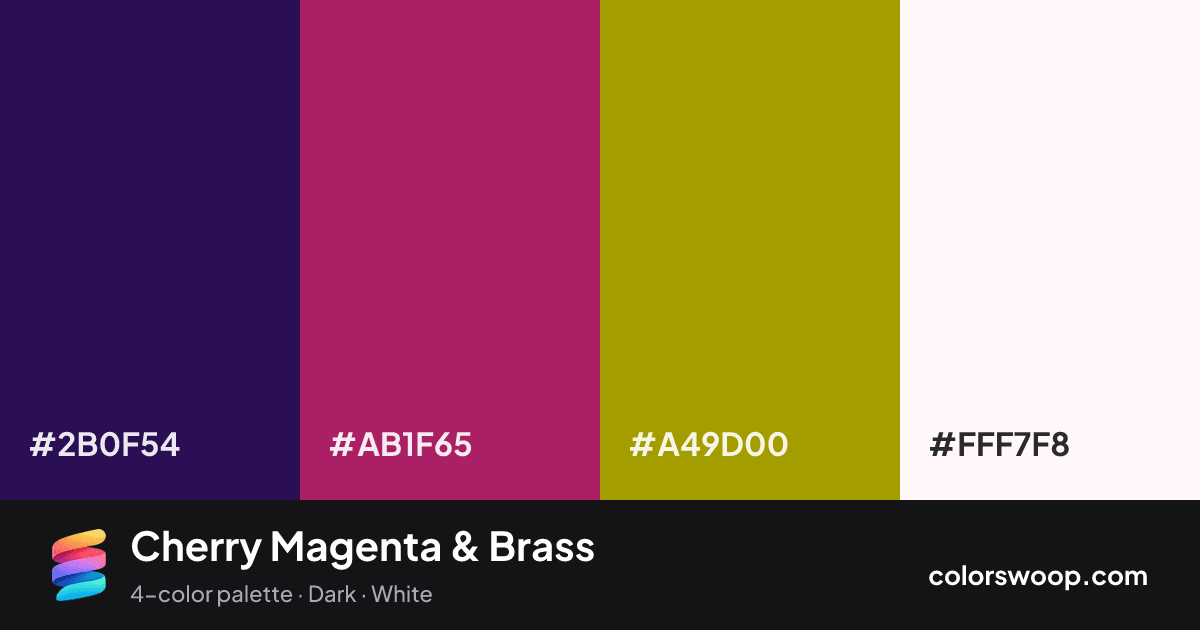Cherry Magenta & Brass color palette card: Midnight #2B0F54, Magenta #AB1F65, Brass #A49D00, Snow #FFF7F8