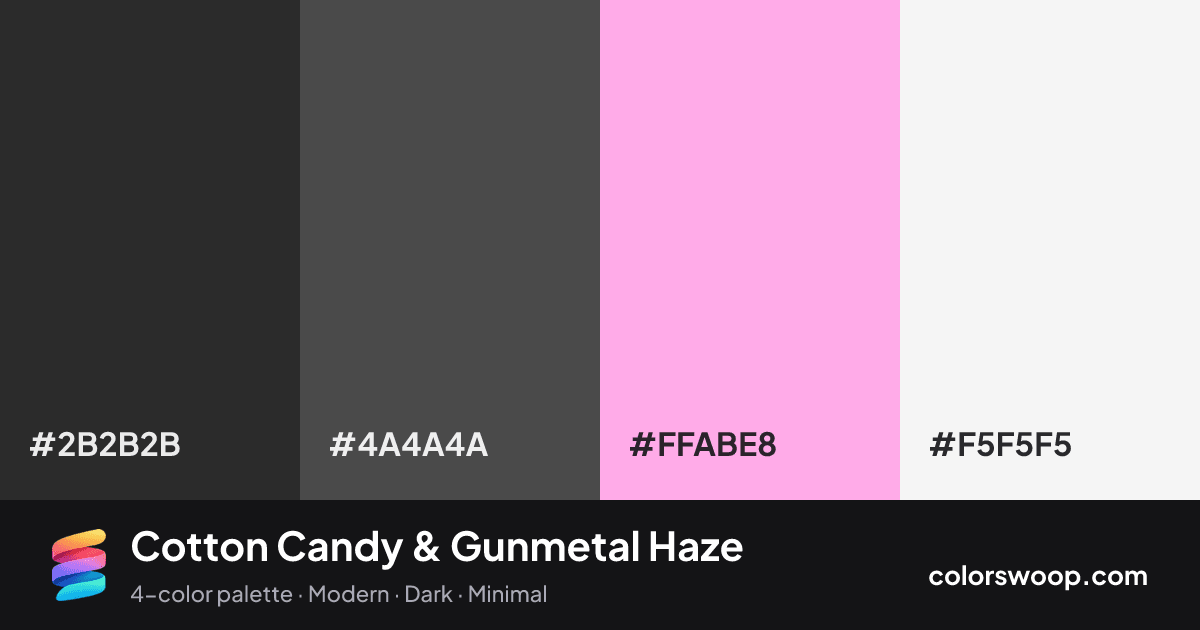 Cotton Candy & Gunmetal Haze color palette card: Gunmetal #2B2B2B, Graphite #4A4A4A, Cotton Candy #FFABE8, Smoke #F5F5F5