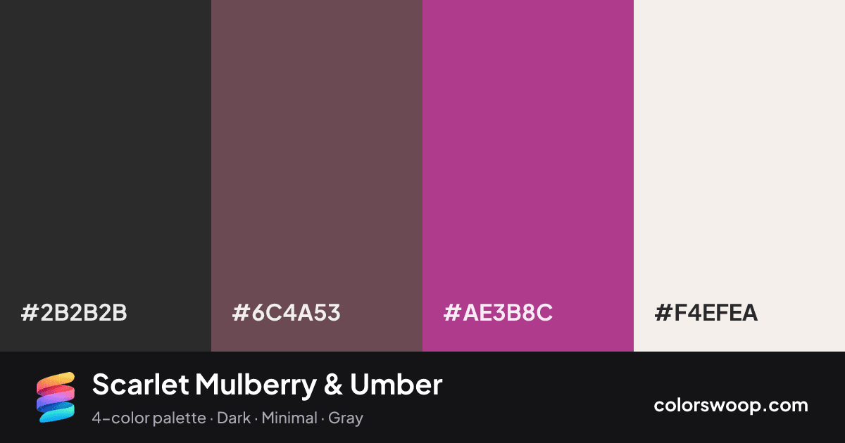 Scarlet Mulberry & Umber color palette card: Gunmetal #2B2B2B, Umber #6C4A53, Mulberry #AE3B8C, Linen #F4EFEA