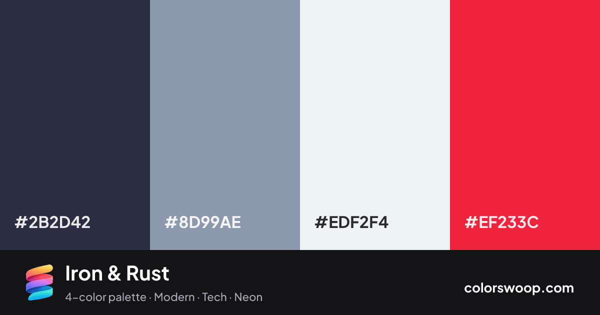 Iron & Rust color palette card: Gunmetal #2B2D42, Pewter #8D99AE, Frost #EDF2F4, Vermilion #EF233C