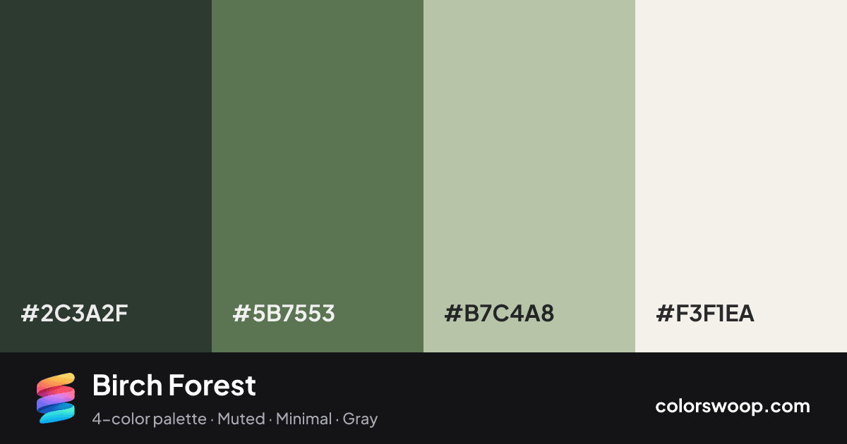 Birch Forest color palette card: Onyx #2C3A2F, Fern #5B7553, Ash #B7C4A8, Linen #F3F1EA