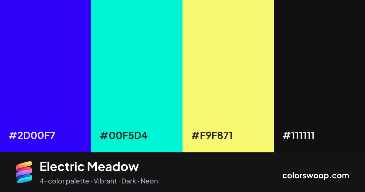 Electric Meadow color palette card: Ultramarine #2D00F7, Turquoise #00F5D4, Butter #F9F871, Licorice #111111