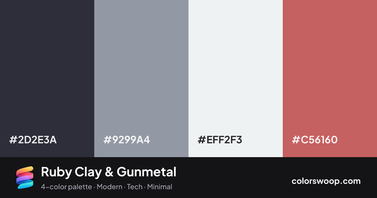 Ruby Clay & Gunmetal color palette card: Gunmetal #2D2E3A, Pewter #9299A4, Frost #EFF2F3, Clay #C56160
