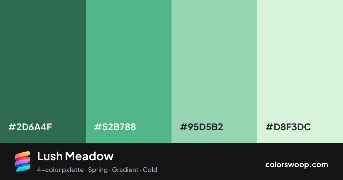 Lush Meadow color palette card: Juniper #2D6A4F, Emerald #52B788, Celadon #95D5B2, Eggshell #D8F3DC