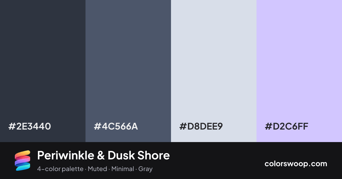 Periwinkle & Dusk Shore color palette card: Gunmetal #2E3440, Dusk #4C566A, Glacier #D8DEE9, Periwinkle #D2C6FF