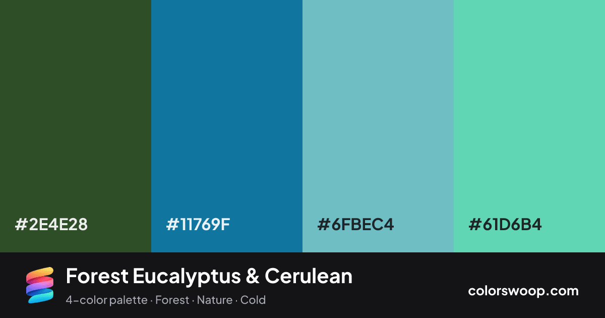 Forest Eucalyptus & Cerulean color palette card: Evergreen #2E4E28, Cerulean #11769F, Dusty Blue #6FBEC4, Eucalyptus #61D6B4