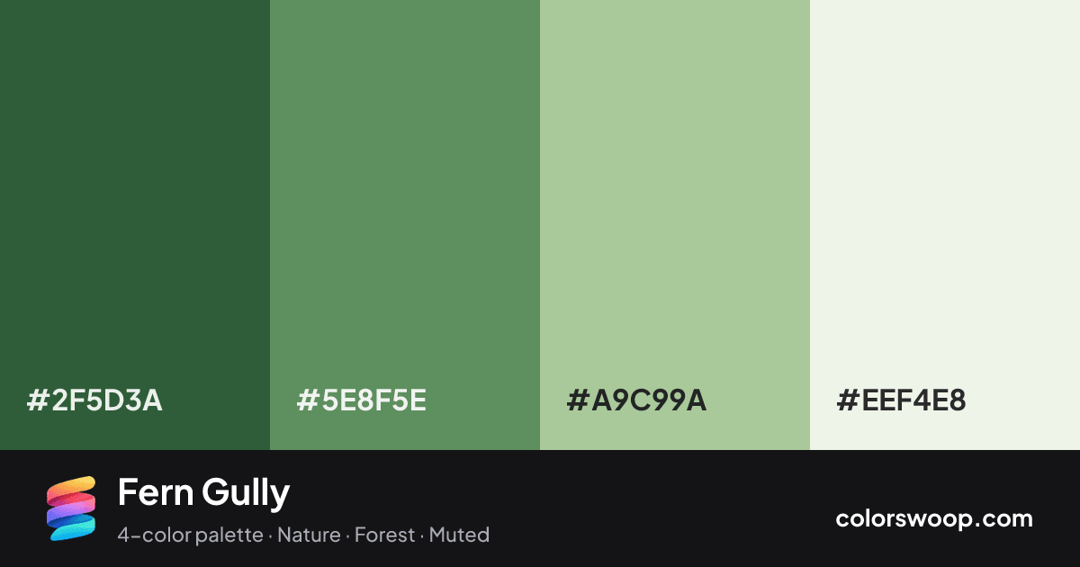 Fern Gully color palette card: Hunter Green #2F5D3A, Basil #5E8F5E, Ash #A9C99A, Linen #EEF4E8