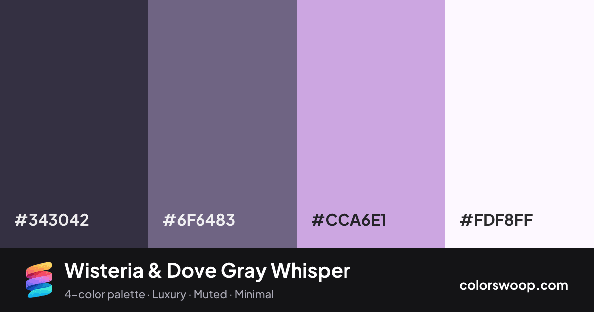 Wisteria & Dove Gray Whisper color palette card: Gunmetal #343042, Dove Gray #6F6483, Wisteria #CCA6E1, Snow #FDF8FF