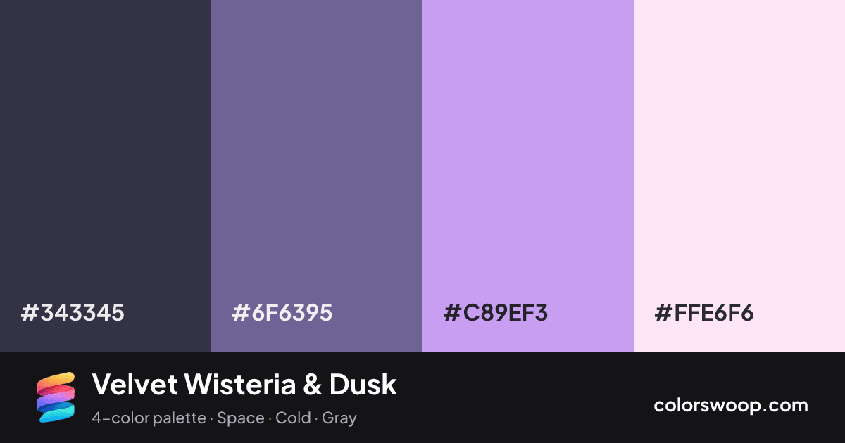 Velvet Wisteria & Dusk color palette card: Gunmetal #343345, Dusk #6F6395, Wisteria #C89EF3, Petal #FFE6F6