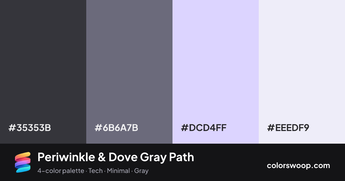 Periwinkle & Dove Gray Path color palette card: Onyx #35353B, Dove Gray #6B6A7B, Periwinkle #DCD4FF, Frost #EEEDF9