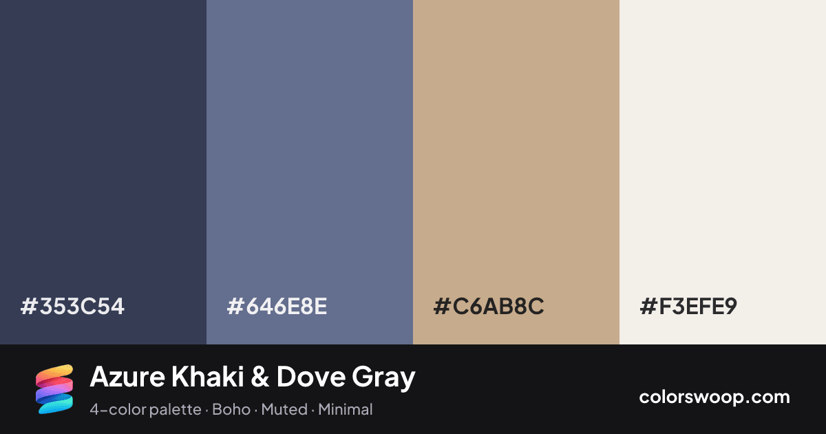 Azure Khaki & Dove Gray color palette card: Charcoal #353C54, Dove Gray #646E8E, Khaki #C6AB8C, Linen #F3EFE9
