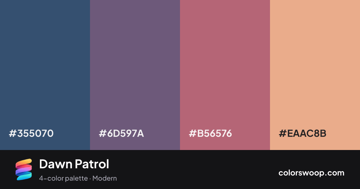 Dawn Patrol color palette card: Dusk #355070, Dusk #6D597A, Clay #B56576, Dusty Rose #EAAC8B