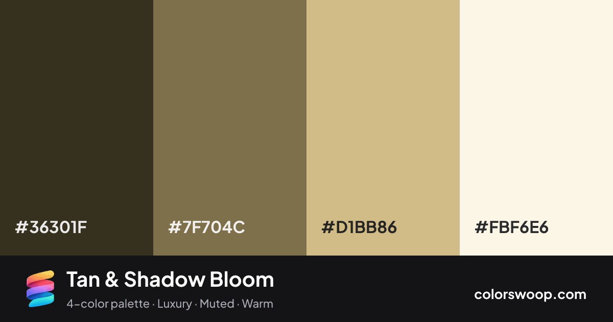 Tan & Shadow Bloom color palette card: Jet #36301F, Shadow #7F704C, Tan #D1BB86, Linen #FBF6E6