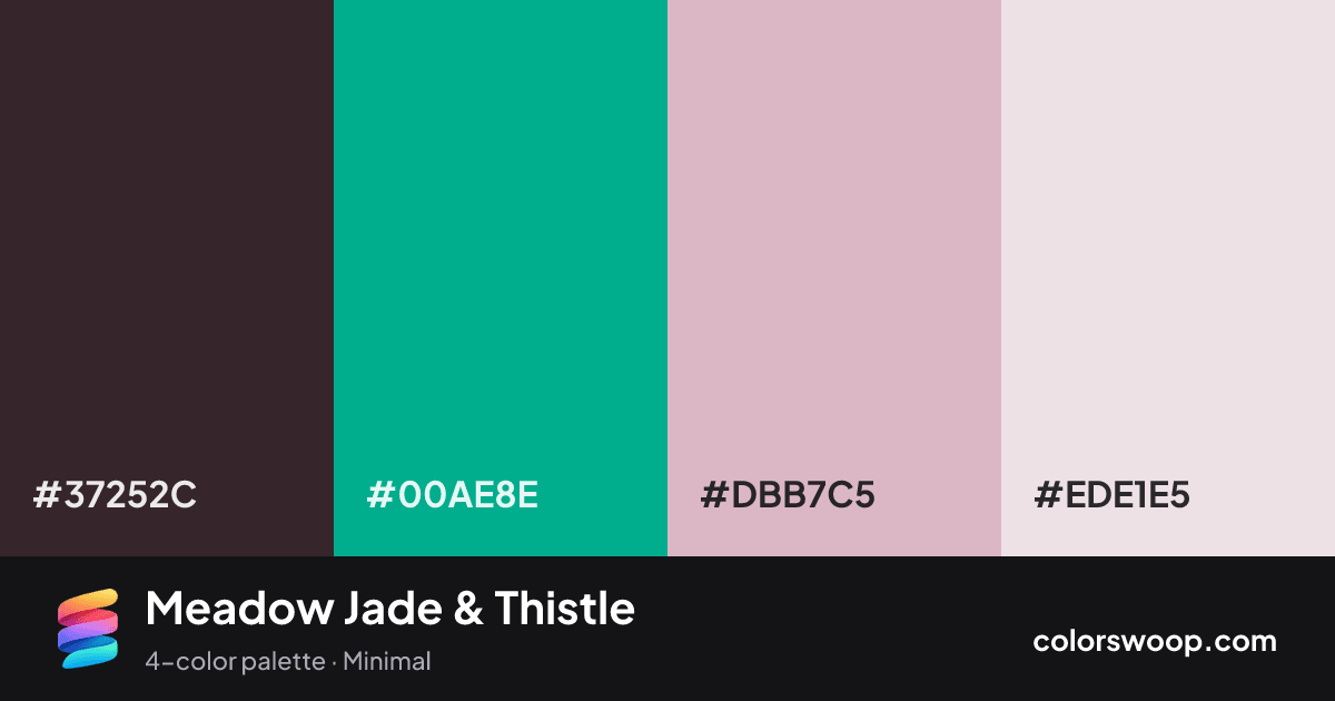 Meadow Jade & Thistle color palette card: Espresso #37252C, Jade #00AE8E, Thistle #DBB7C5, Petal #EDE1E5
