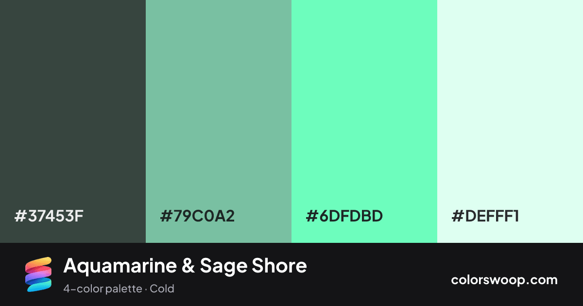 Aquamarine & Sage Shore color palette card: Iron #37453F, Sage #79C0A2, Aquamarine #6DFDBD, Beige #DEFFF1