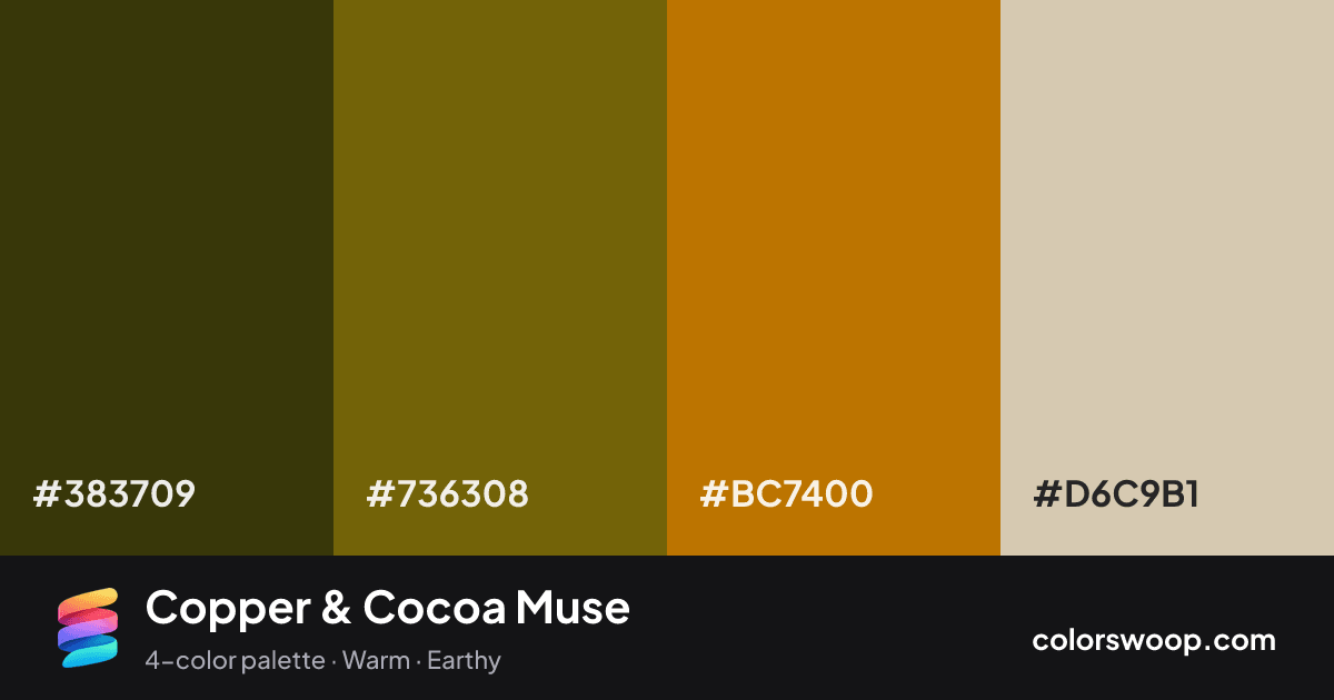 Copper & Cocoa Muse color palette card: Taupe #383709, Cocoa #736308, Copper #BC7400, Putty #D6C9B1