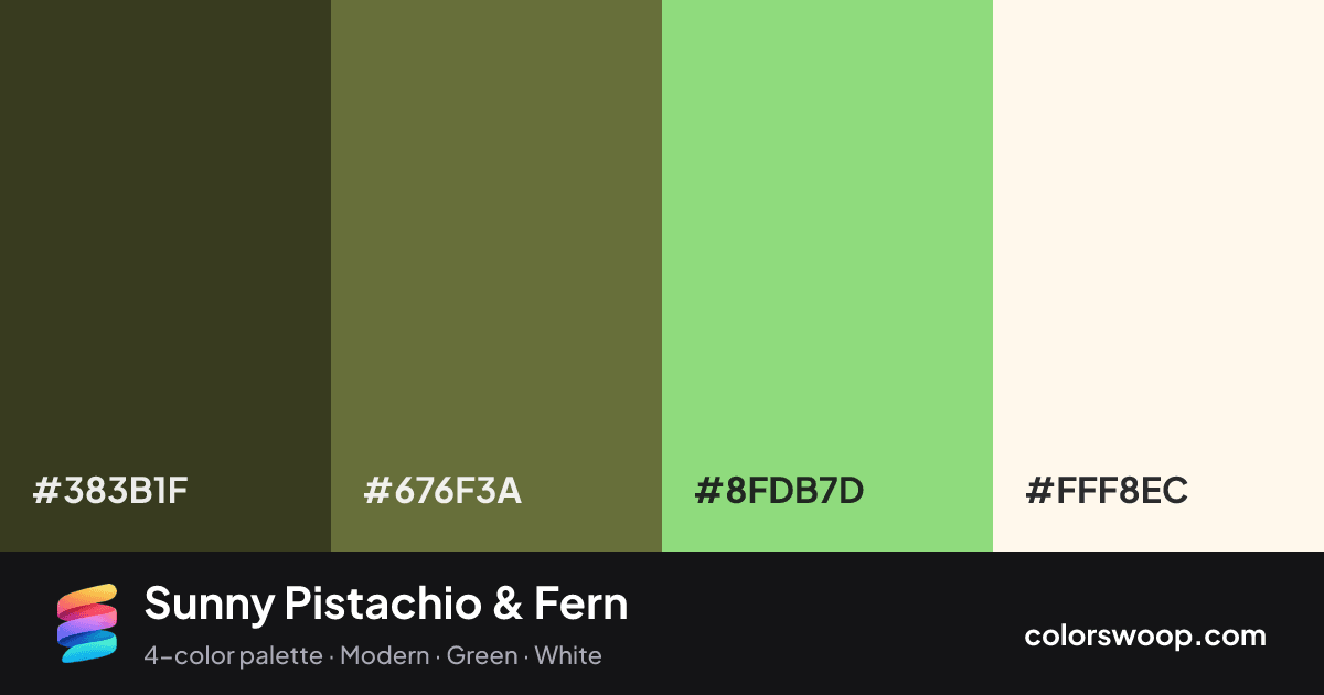 Sunny Pistachio & Fern color palette card: Taupe #383B1F, Fern #676F3A, Pistachio #8FDB7D, Ivory #FFF8EC