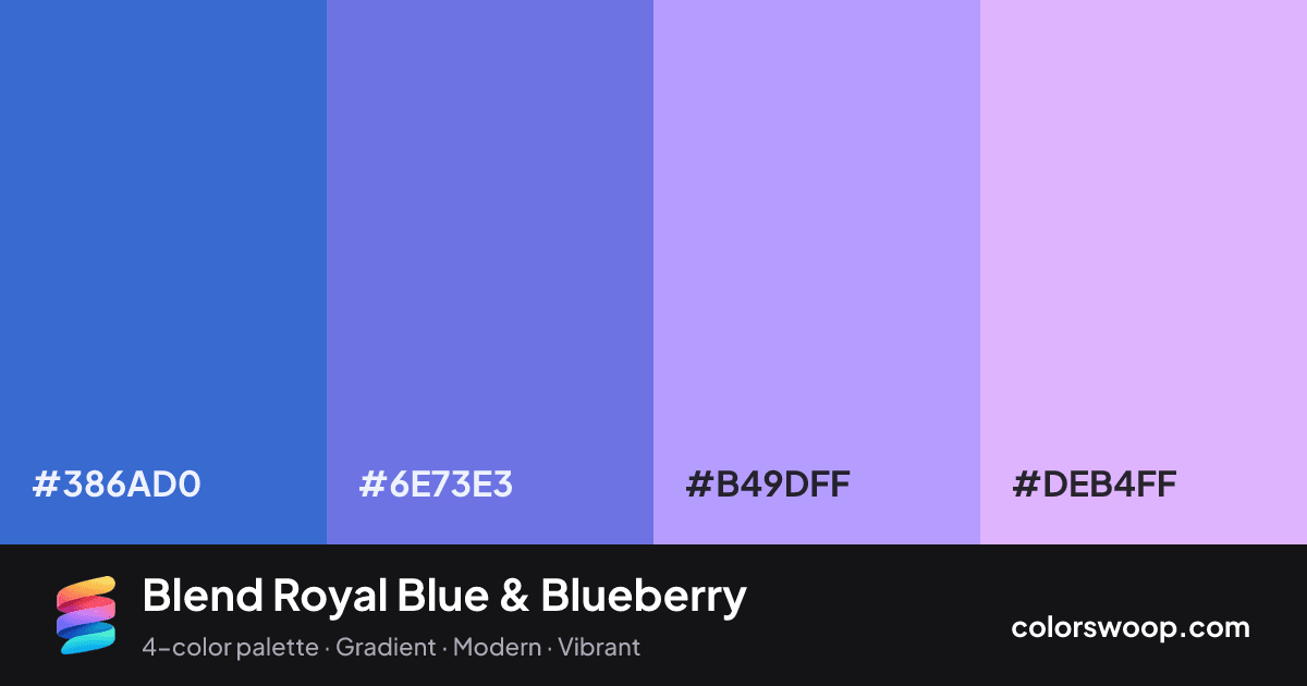 Blend Royal Blue & Blueberry color palette card: Royal Blue #386AD0, Blueberry #6E73E3, Wisteria #B49DFF, Mauve #DEB4FF