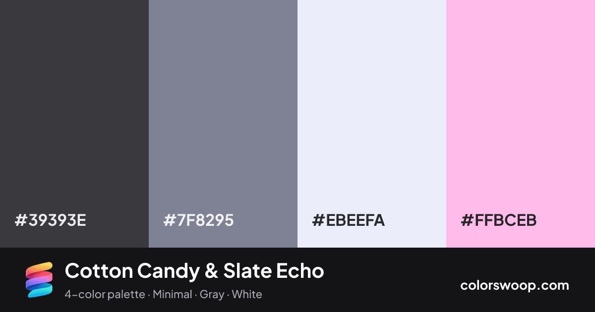 Cotton Candy & Slate Echo color palette card: Onyx #39393E, Slate #7F8295, Frost #EBEEFA, Cotton Candy #FFBCEB