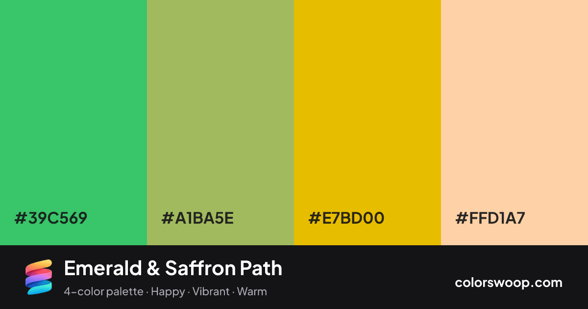 Emerald & Saffron Path color palette card: Emerald #39C569, Pistachio #A1BA5E, Saffron #E7BD00, Apricot #FFD1A7