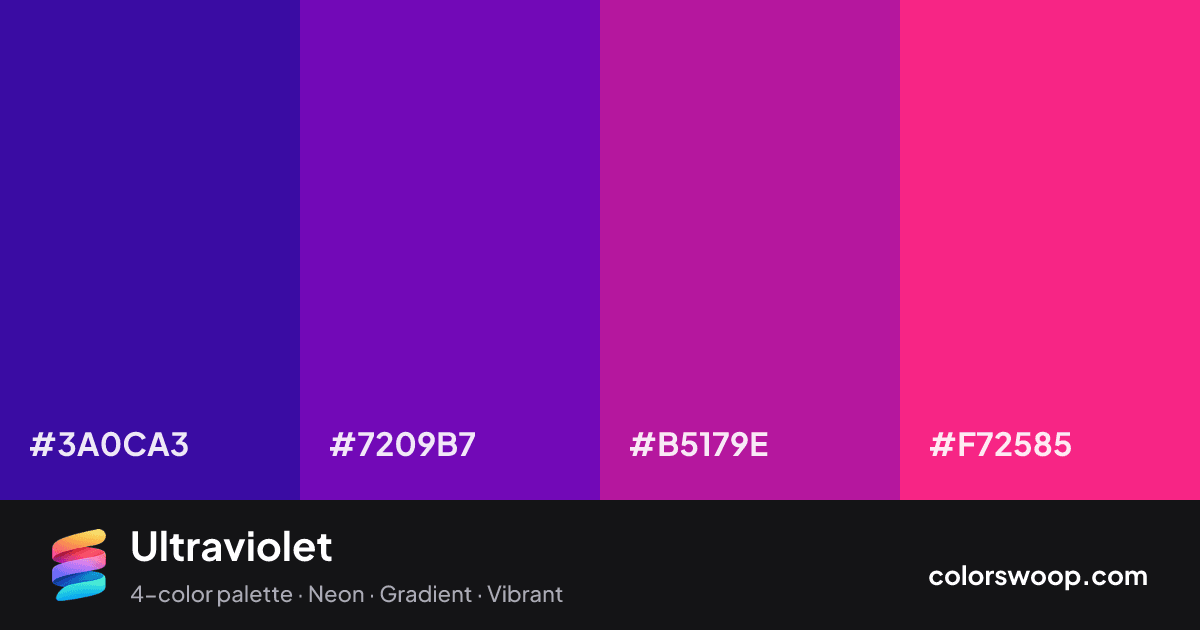 Ultraviolet color palette card: Indigo #3A0CA3, Grape #7209B7, Magenta #B5179E, Rose #F72585