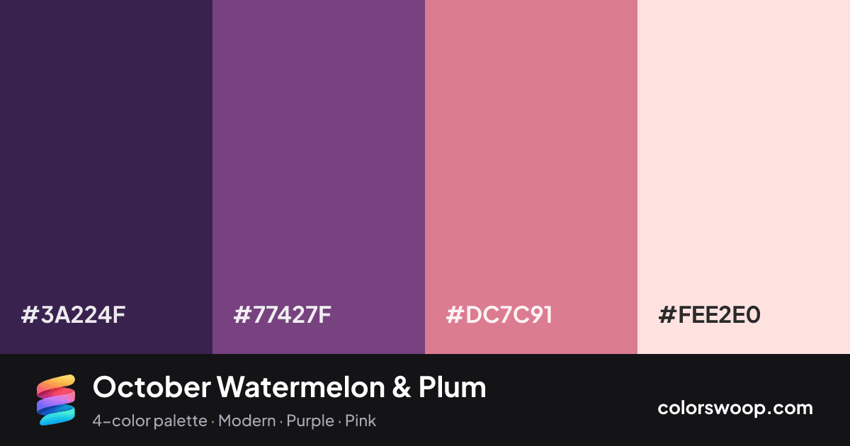 October Watermelon & Plum color palette card: Space #3A224F, Plum #77427F, Watermelon #DC7C91, Petal #FEE2E0