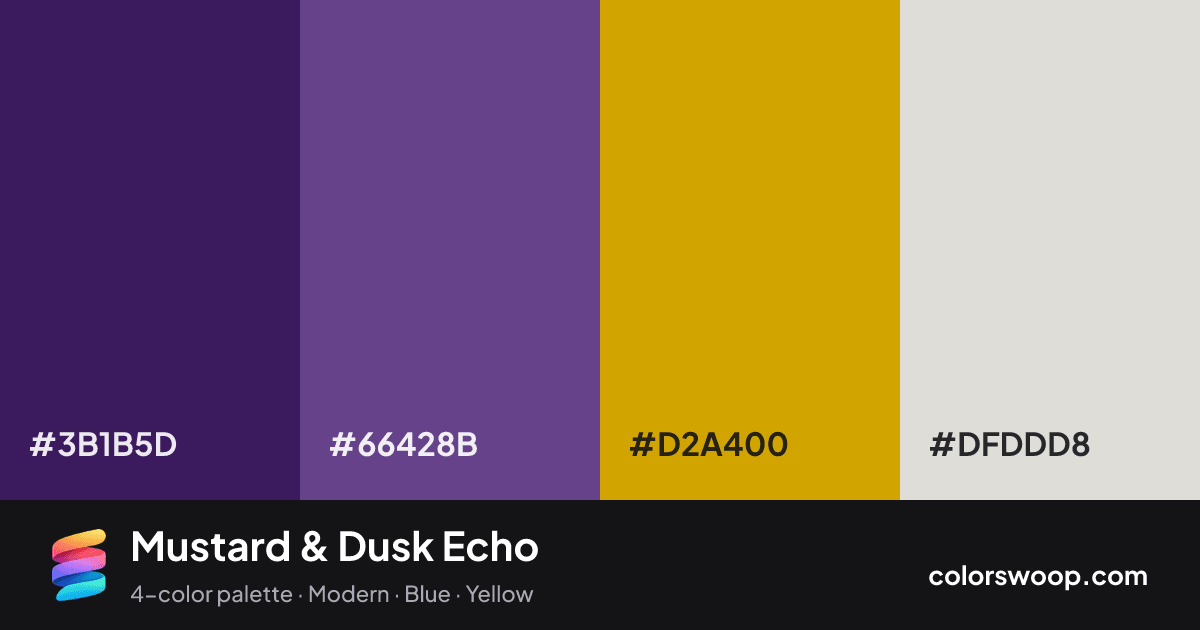 Mustard & Dusk Echo color palette card: Space #3B1B5D, Dusk #66428B, Mustard #D2A400, Bone #DFDDD8