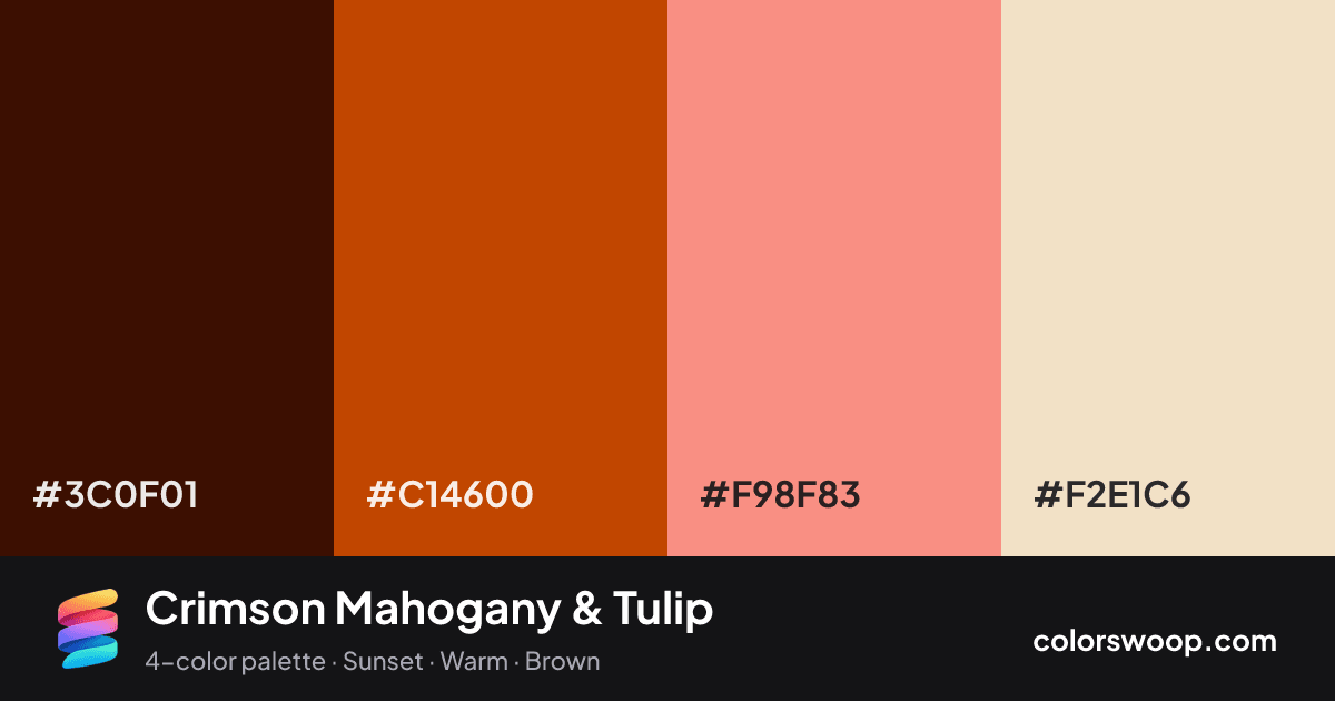 Crimson Mahogany & Tulip color palette card: Espresso #3C0F01, Mahogany #C14600, Tulip #F98F83, Pearl #F2E1C6