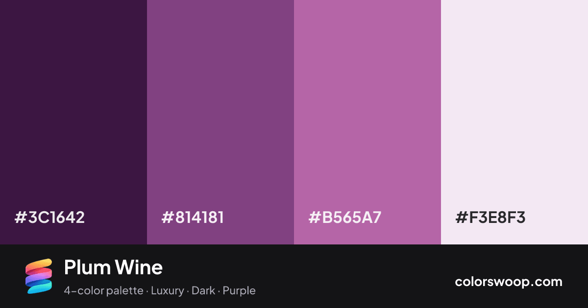 Plum Wine color palette card: Space #3C1642, Plum #814181, Mulberry #B565A7, Lavender #F3E8F3