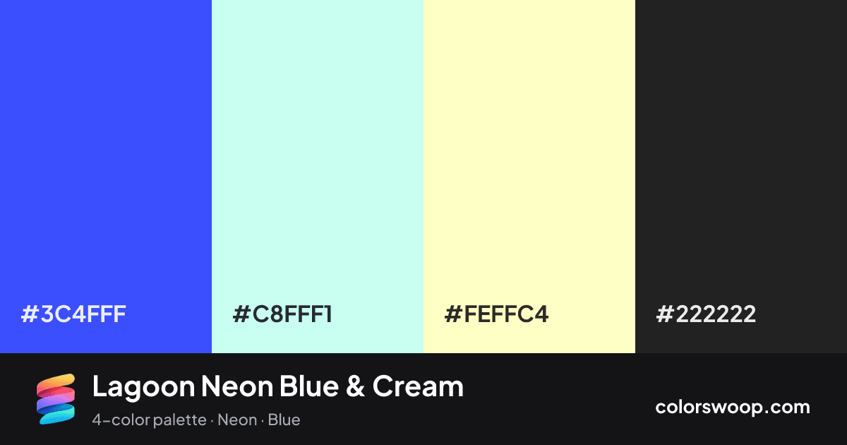 Lagoon Neon Blue & Cream color palette card: Neon Blue #3C4FFF, Ice #C8FFF1, Cream #FEFFC4, Raisin #222222
