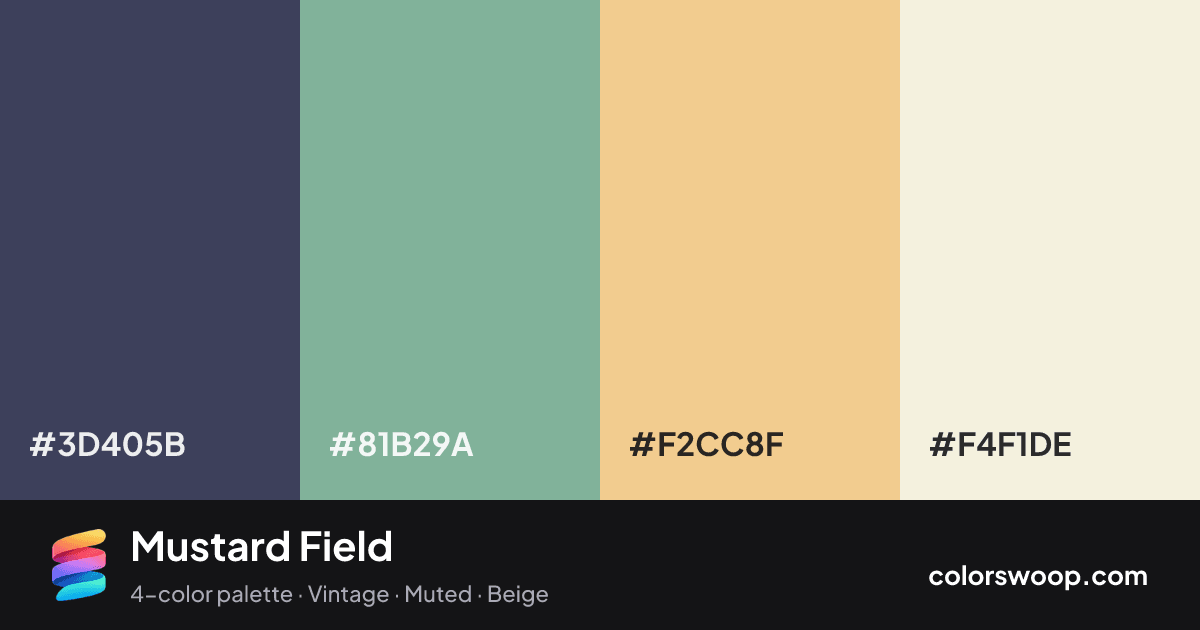 Mustard Field color palette card: Charcoal #3D405B, Sage #81B29A, Apricot #F2CC8F, Beige #F4F1DE
