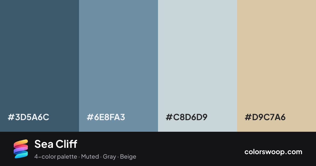 Sea Cliff color palette card: Peacock #3D5A6C, Slate #6E8FA3, Fog #C8D6D9, Putty #D9C7A6